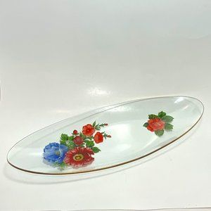 Vintage Long Oval Clear Glass Dish Serving Plate with Flower Decals Gold Trim